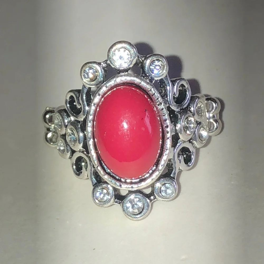 Red Cabochon Silver Tone Boho Statement Ring